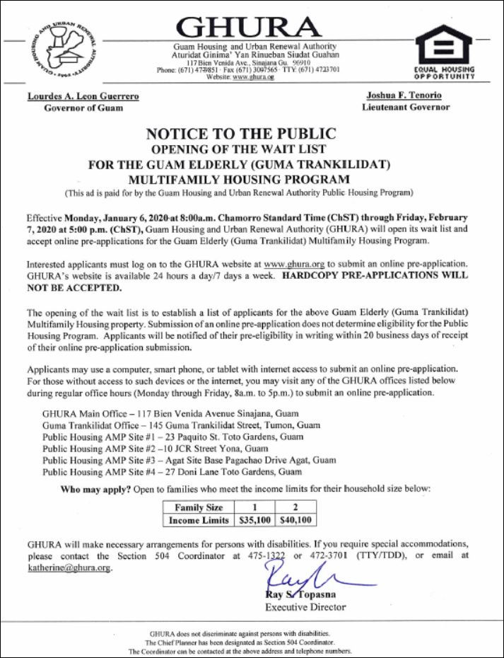 Opening of Guma Trankilidat Wait List on January 6, 2020